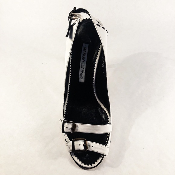 Manolo Blahnik White Leather Open-Toe Buckle Heels